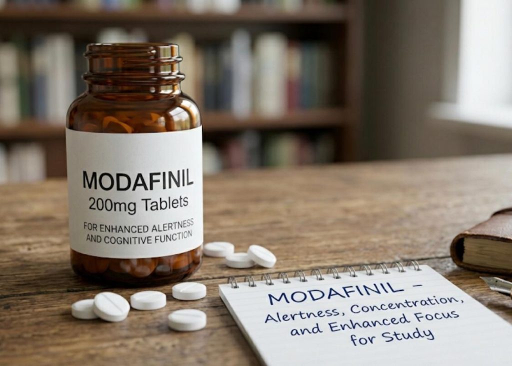 A bottle of 200mg Modafinil tablets on a desk with scattered pills and a notepad labeled 'Modafinil - Alertness, Concentration, and Enhanced Focus