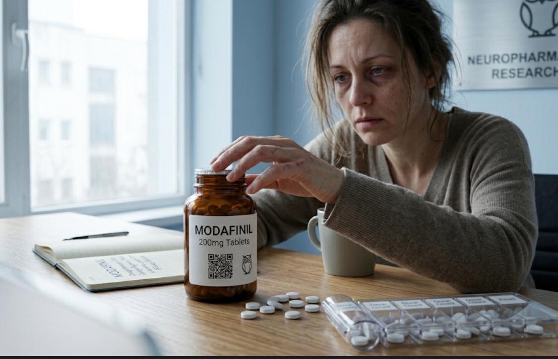 A person sitting at a desk with a bottle of Modafinil medication