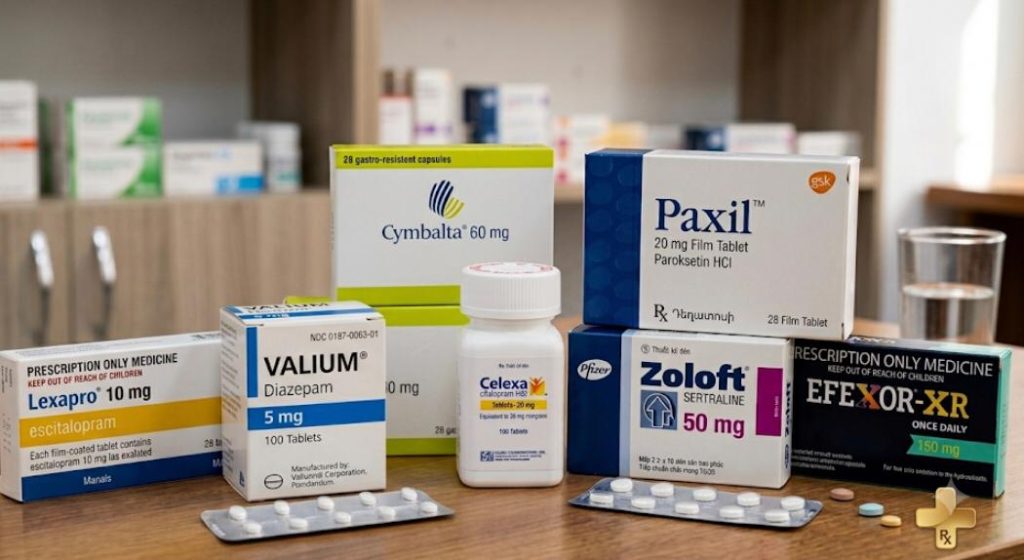 Seven distinct, detailed brand-name and generic medication boxes and bottles for mental health treatment, including Lexapro, Ativan, Cymbalta, Celexa, Paxil, Zoloft, and Effexor-XR, arranged neatly on a wooden surface with a blister pack and water glass in a soft-lit, blurred pharmacy or clinic setting. Armenian text is legible on the Paxil box.