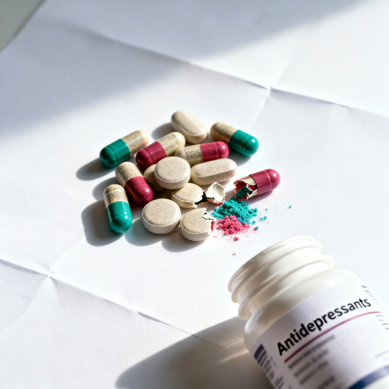 Antidepressant medication with tablets and capsules beside an open prescription bottle, representing depression treatment and mental health care