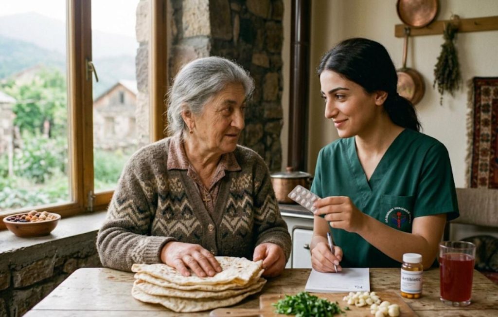 A young healthcare worker explaining how to take antibiotics to an elderly woman in a cozy rustic kitchen. On the wooden table are medication blister packs, a prescription note, fresh garlic, herbs, and traditional lavash bread