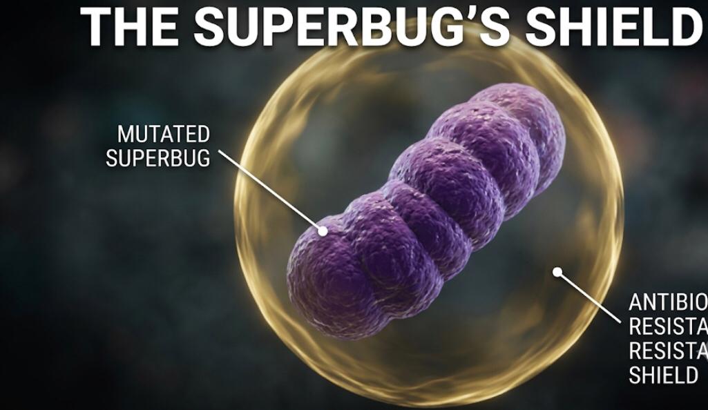 Diagram of the superbug shield showing antibiotic resistance and mutated bacteria