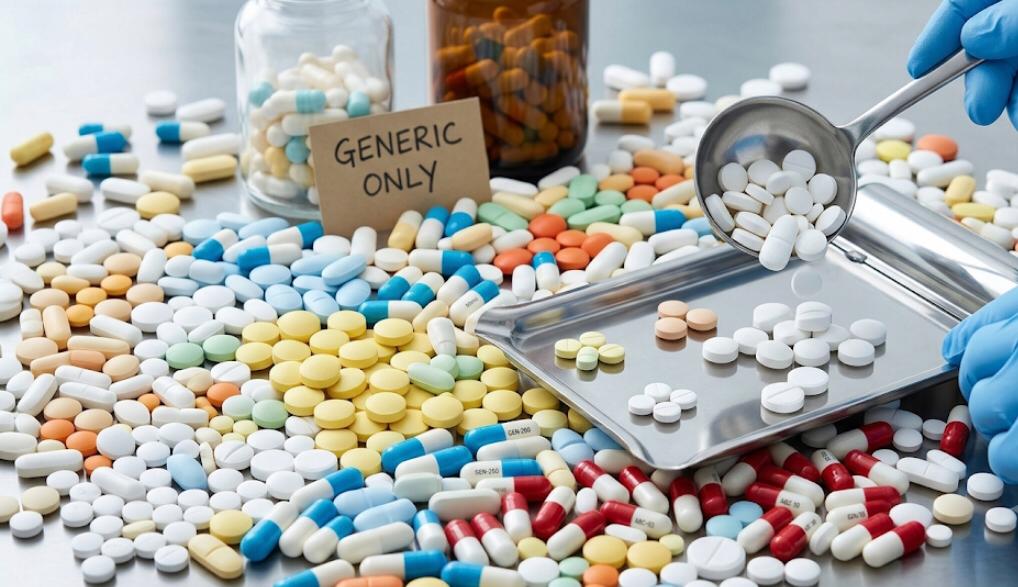 A photograph of a variety of colorful generic medicine pills and capsules spread across a sterile stainless steel surface, with an apothecary bottle in the background. Gloved hands use a spoon to transfer pills from the large pile onto a metal counting tray, representing a pharmacy or production facility."