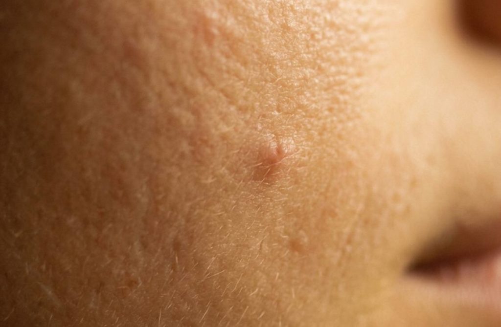 An extreme macro close-up photograph of human skin, showing natural texture, pores, and a small, developing cold sore lesion (herpes simplex virus) near the corner of the mouth. The shot is illuminated with warm, golden lighting.