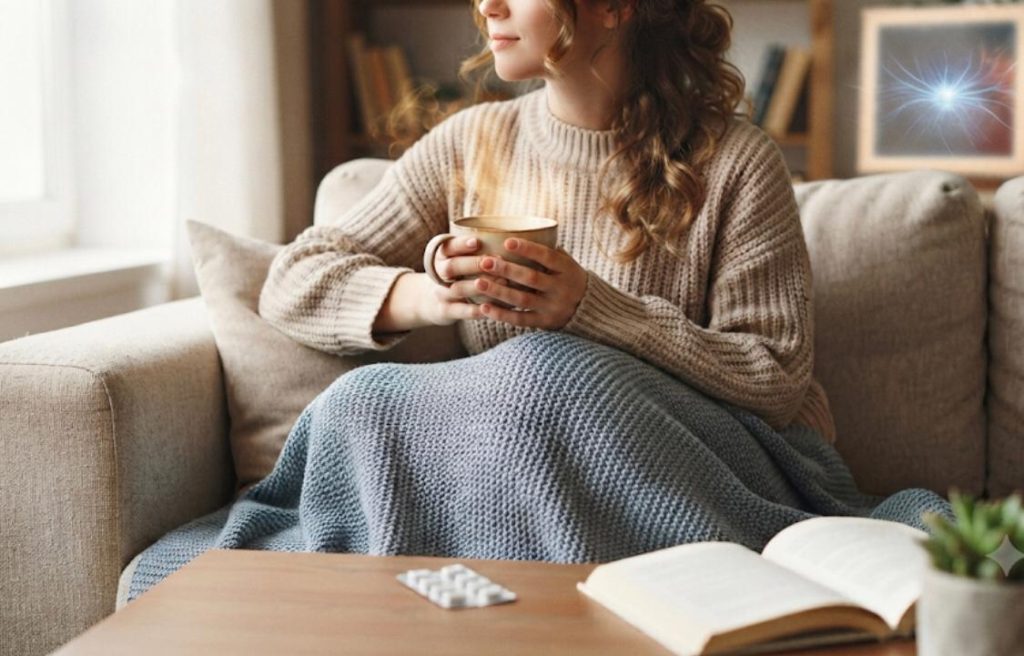 Relaxed woman in a cozy sweater drinking a warm beverage on the couch, promoting comfort and wellness.
