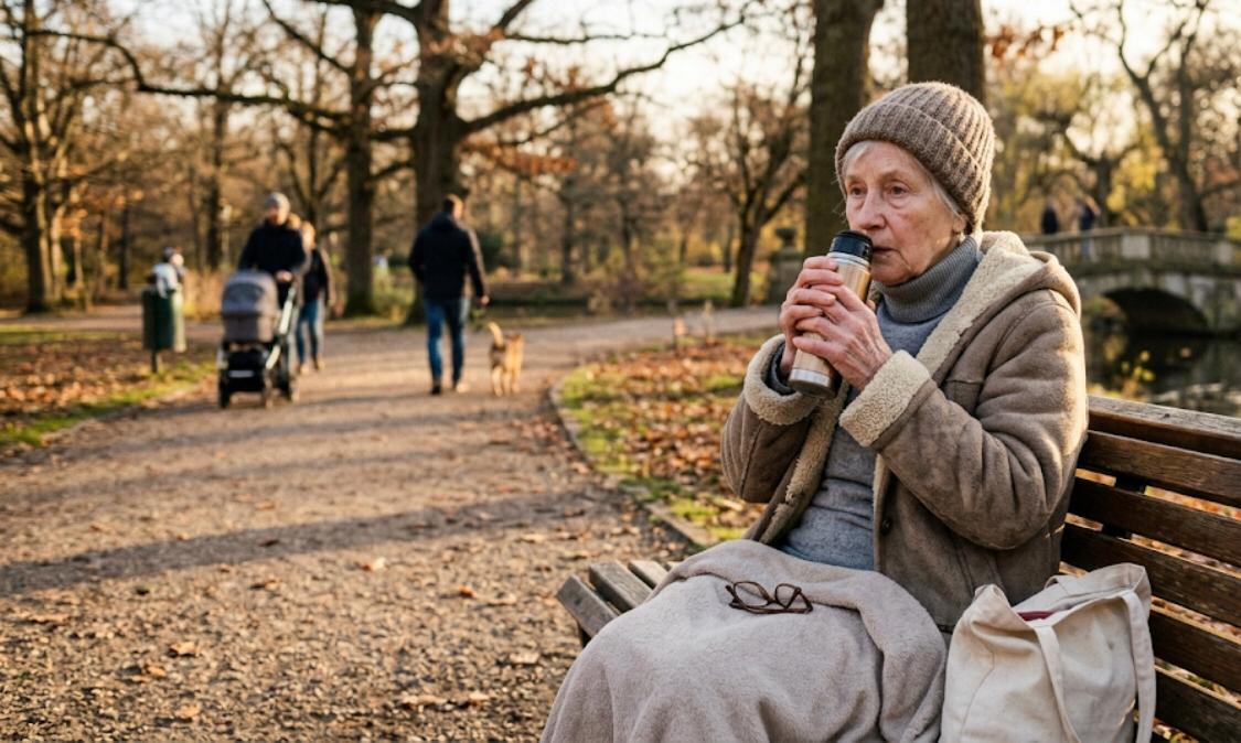 An elderly woman sitting on a park bench and drinking from a thermos on an autumn day.