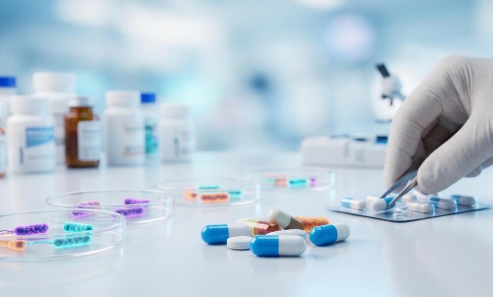 Medical lab research on antibiotics pills and glowing bacteria petri dishes