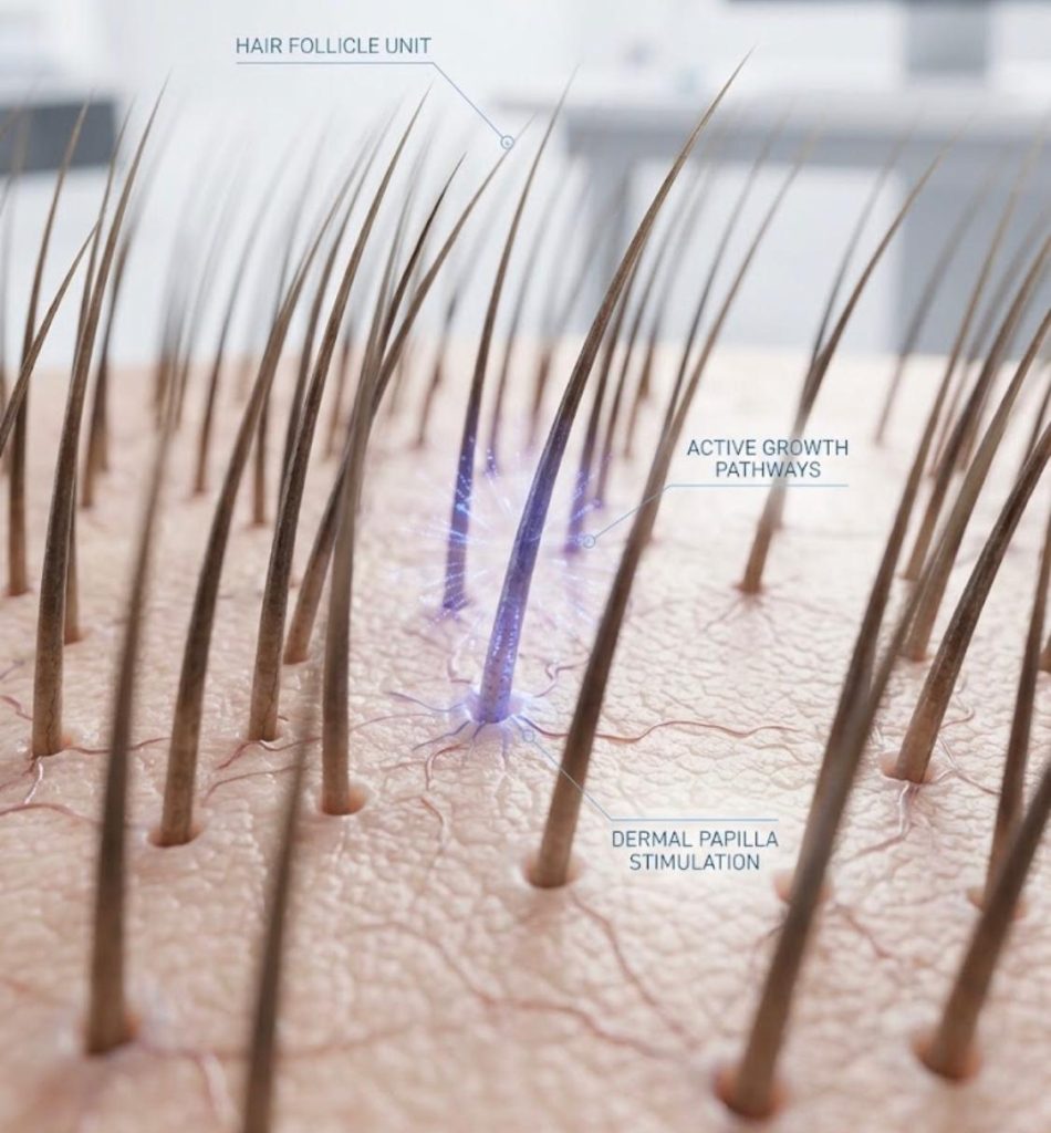 Medical macro photograph of hair follicles in scalp tissue showing healthy growth units and active pathways for hair loss research.