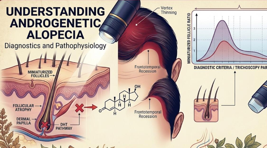 Medical infographic illustrating androgenetic alopecia pathophysiology, DHT pathway, miniaturized hair follicles, and digital trichoscopy diagnostic tools. Caption (Ստորագրություն)