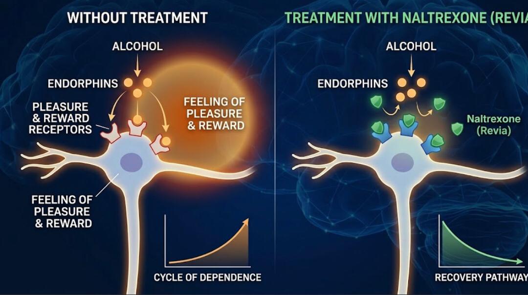Medical diagram comparing brain receptor action with and without Naltrexone Revia treatment for alcohol dependency