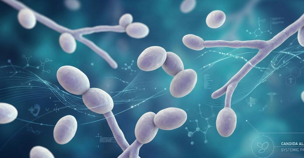 Candida symptoms and clinical treatment strategies microscopic view.