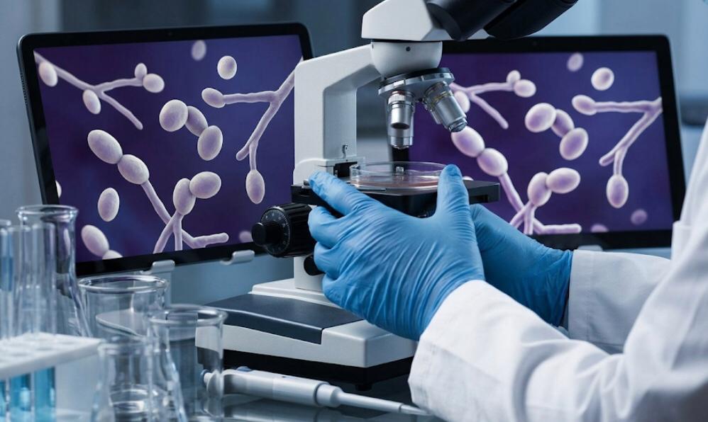 Clinical researcher analyzing Candida symptoms and treatment in a lab
