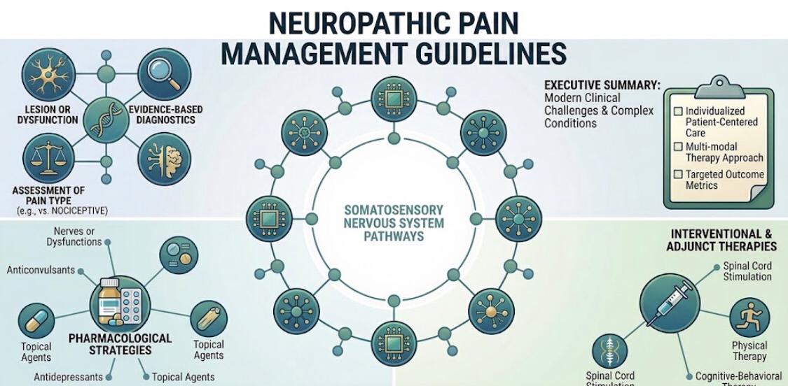 A medical infographic illustrating guidelines for neuropathic pain management, including diagnostic approaches, pharmacological strategies, and interventional therapies.