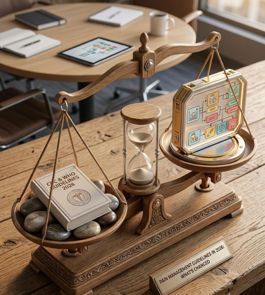 A wooden balance scale rests on a table. One pan holds a 'CDC & WHO GUIDELINES 2026' book and stones, while the other holds a glowing infographic. Between them stands an hourglass. In front, a plaque says: 'PAIN MANAGEMENT GUIDELINES IN 2026: WHAT'S CHANGED'. In the background, there's a meeting table with laptops, a notebook, and a mug.