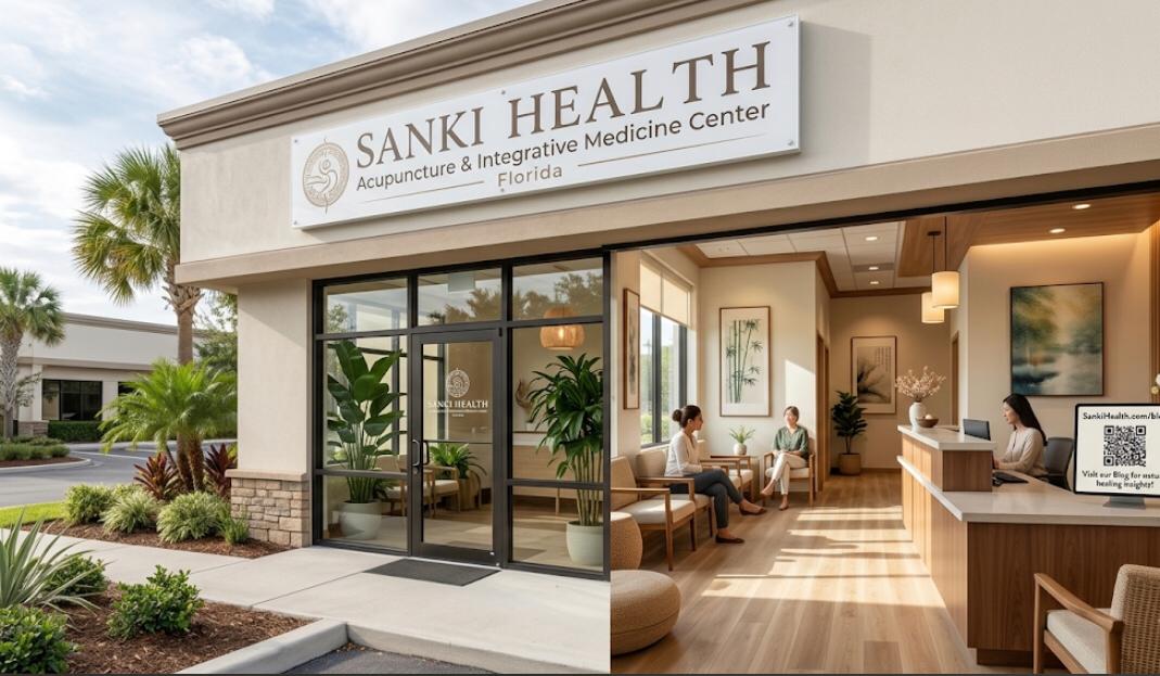 Sanki Health Acupuncture and Integrative Medicine Center facade and modern waiting area in Florida with a QR code for the blog.