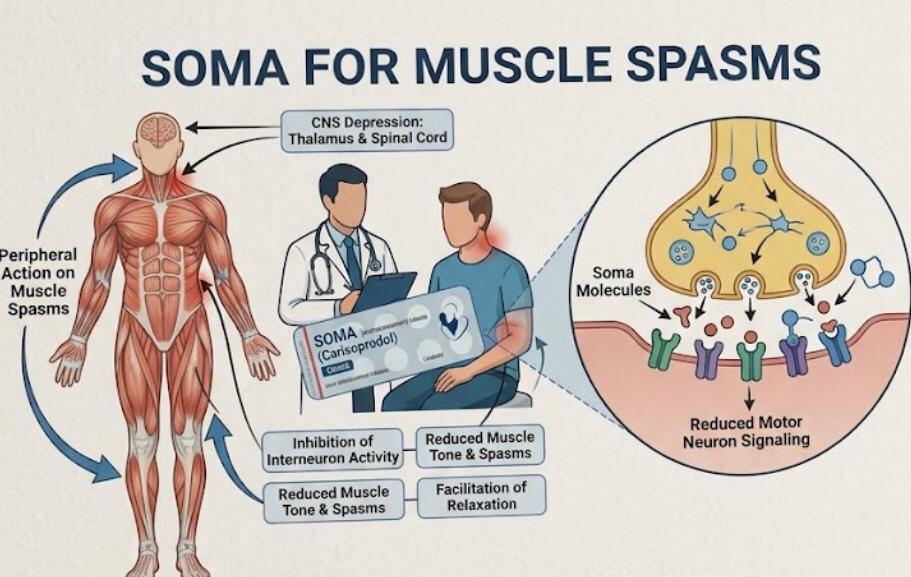 Infographic explaining the mechanism of action of Soma (Carisoprodol) for muscle spasms, showing human anatomy, a doctor with a patient, and a synaptic cleft diagram.