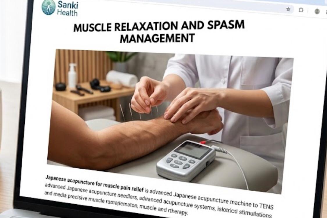 ⁠Acupuncturist performing Japanese acupuncture therapy for muscle relaxation and spasm management⁠