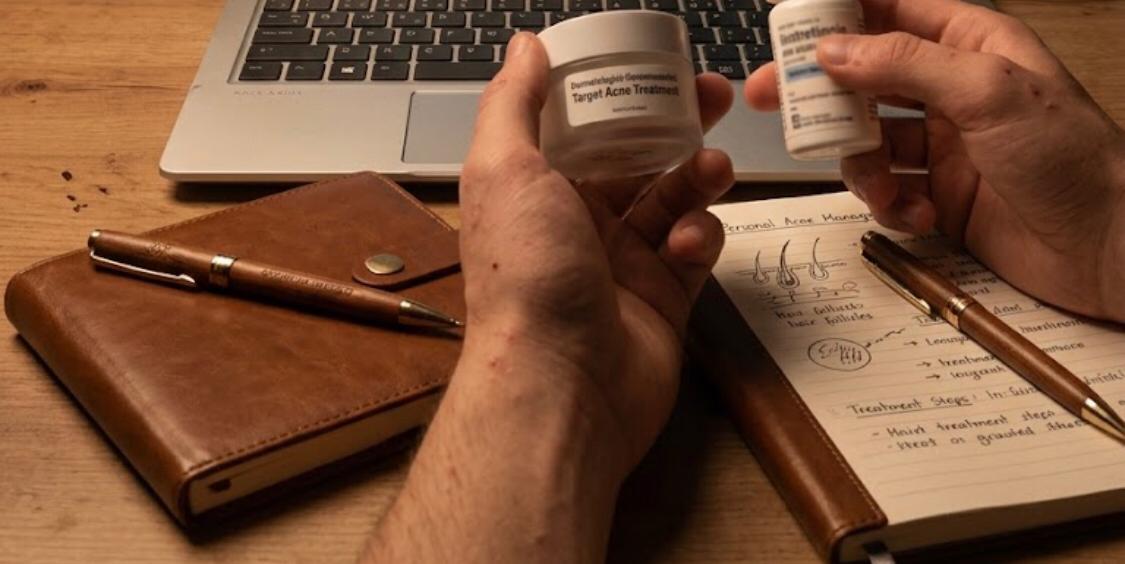 Hands holding acne treatment products and a medicine bottle at a desk with a laptop, notebooks, and a pen.