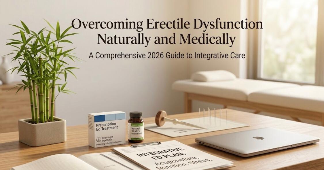 balanced desk display featuring acupuncture needles, an open journal, prescription ED medicine, and herbal supplements, titled Overcoming Erectile Dysfunction Naturally and Medically.