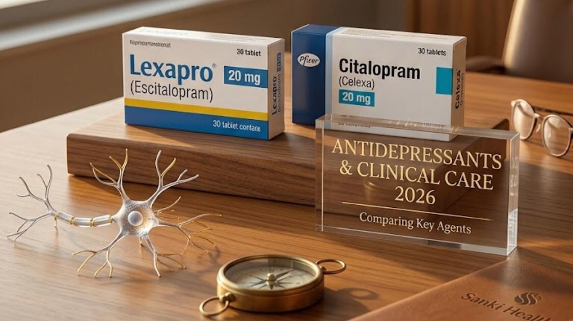 A professional close-up photo of two prescription antidepressant drug boxes on a doctor's desk: Lexapro and Celexa (Citalopram)